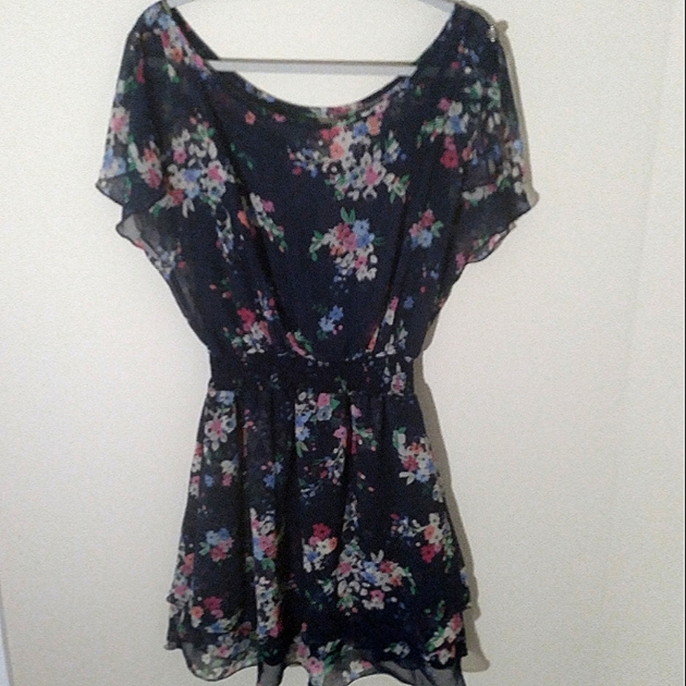 Express Sheer Dark Blue Floral Dress Flowy Soft‎ Girl Whimsigoth Fairygoth Med.